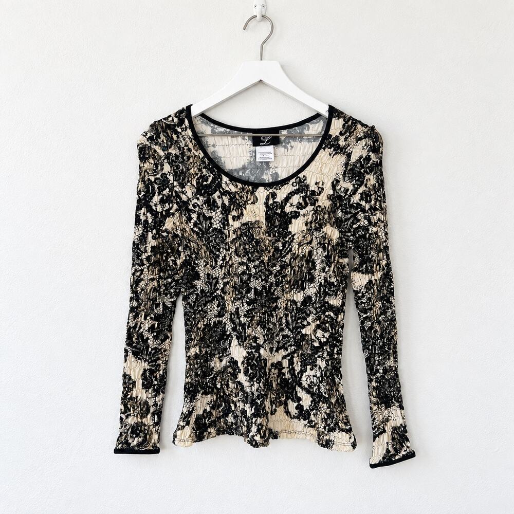 Libra Large Black Cream Gold Sequin Crinkle Long Sleeve Whimsygoth Y2K Blouse